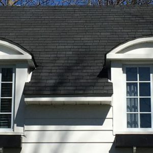 A black and white photo of two windows on the side of a house.